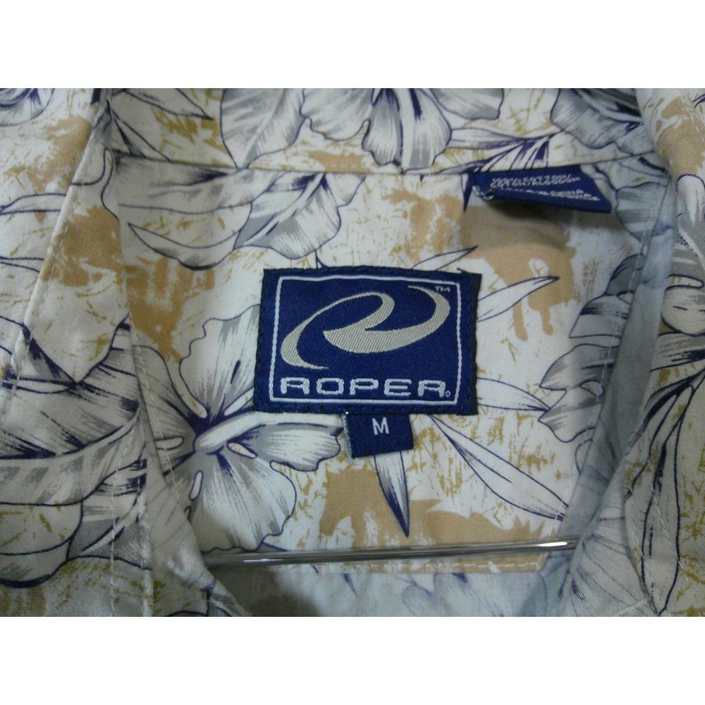 Roper Pearl Snap Shirt Mens‎ Medium Cream Blue Floral Hibiscus Western Rodeo - Picture 3 of 11